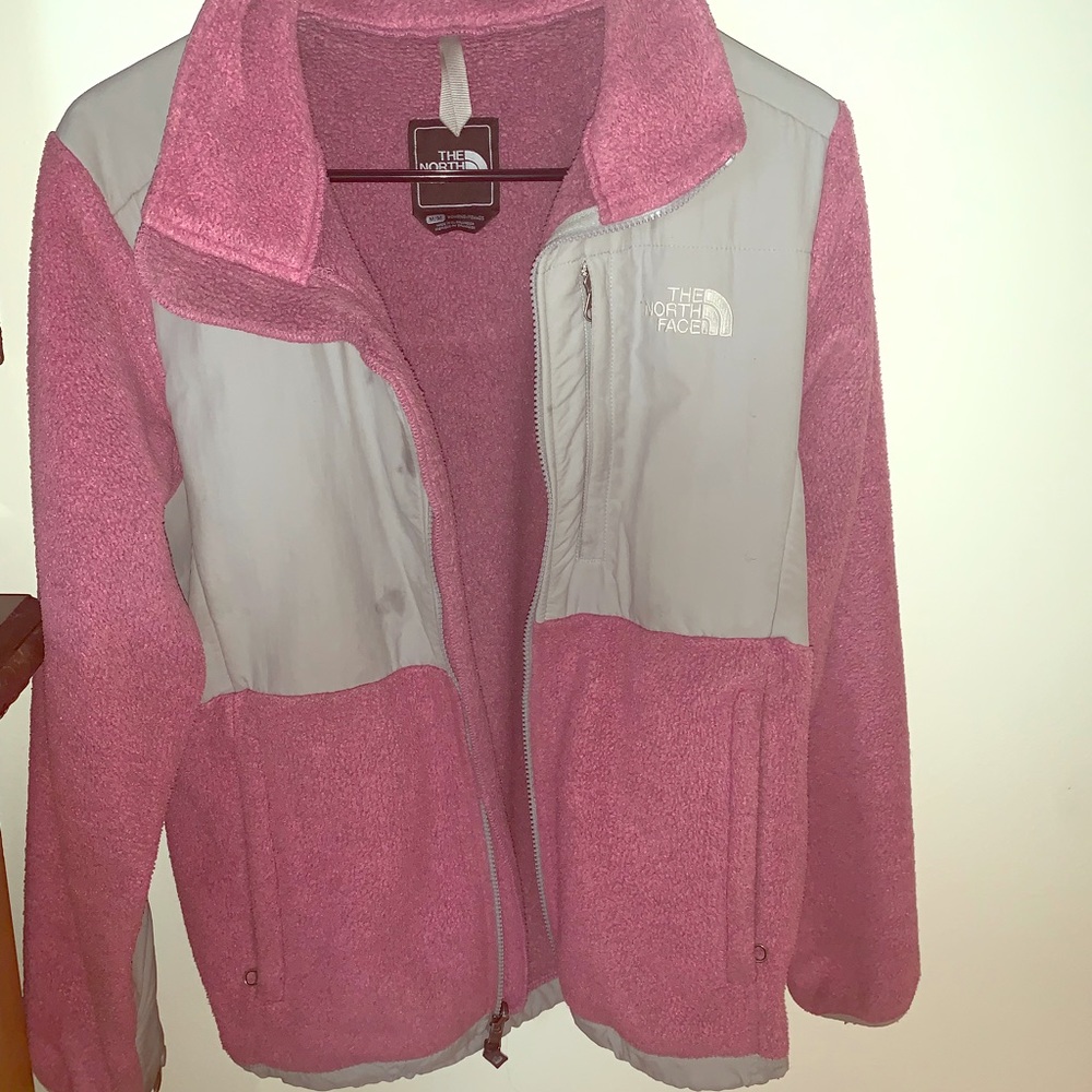 Pink and grey north face coat